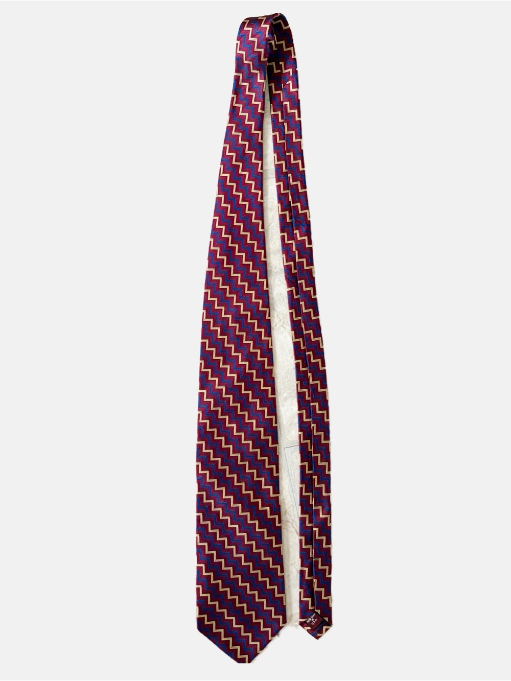 Vintage Jos A Bank 100% Silk Zigzag Geometric Tie Burgundy Blue Gold Necktie